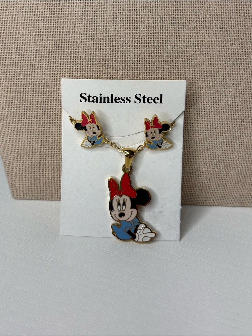 Kids Minnie Mouse Pendant Necklace and Earrings Set - Red, Blue, White